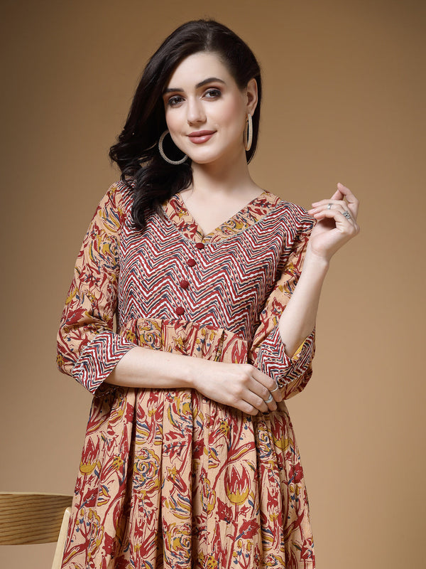 Indibelle Maroon Floral Print Cotton Pleated Kurta Set