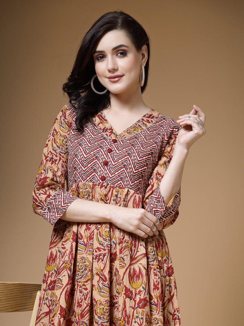 Indibelle Floral Print Cotton Pleated Kurta (Maroon)