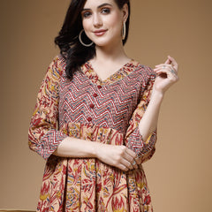 Indibelle Floral Print Cotton Pleated Kurta (Maroon)