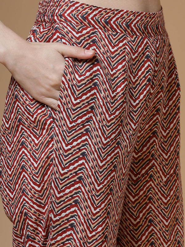 Indibelle Maroon Floral Print Cotton Pleated Kurta Set