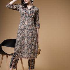 Indibelle Black Floral Print Cotton Straight Kurta Set