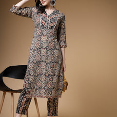 Indibelle Floral Print Cotton Straight Kurta (Black)