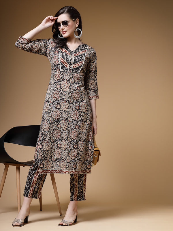 Indibelle Floral Print Cotton Straight Kurta (Black)