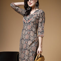 Indibelle Black Floral Print Cotton Straight Kurta Set