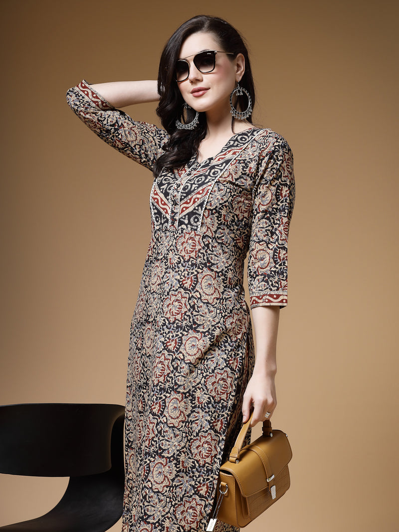 Indibelle Floral Print Cotton Straight Kurta (Black)