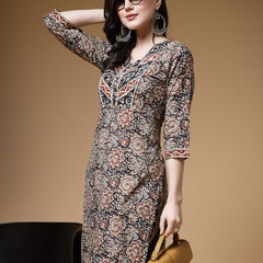 Indibelle Floral Print Cotton Straight Kurta (Black)