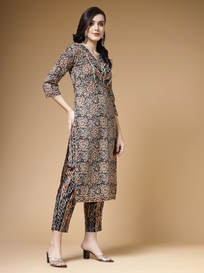 Indibelle Floral Print Cotton Straight Kurta (Black)