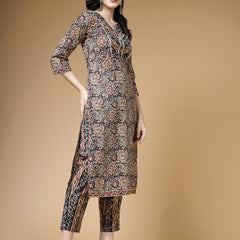 Indibelle Floral Print Cotton Straight Kurta (Black)