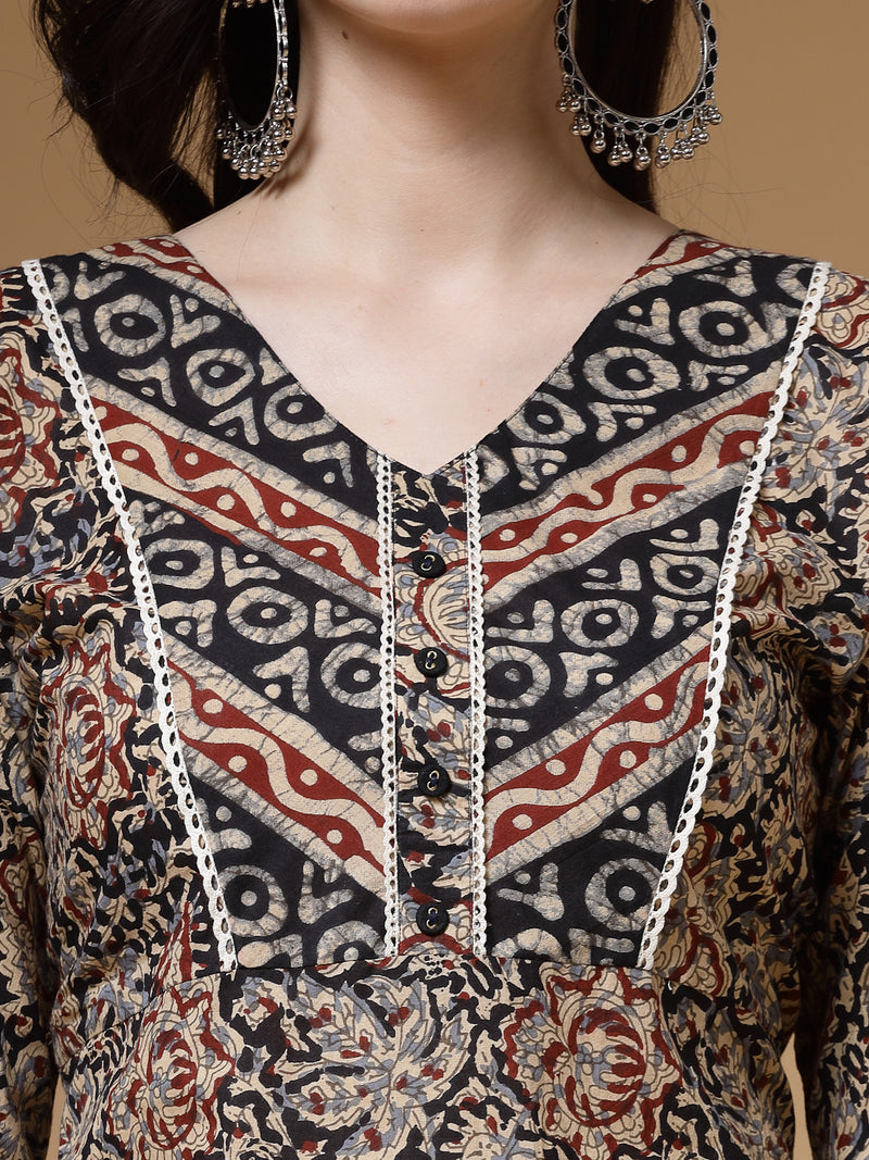 Indibelle Floral Print Cotton Straight Kurta (Black)