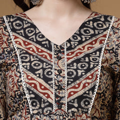 Indibelle Floral Print Cotton Straight Kurta (Black)
