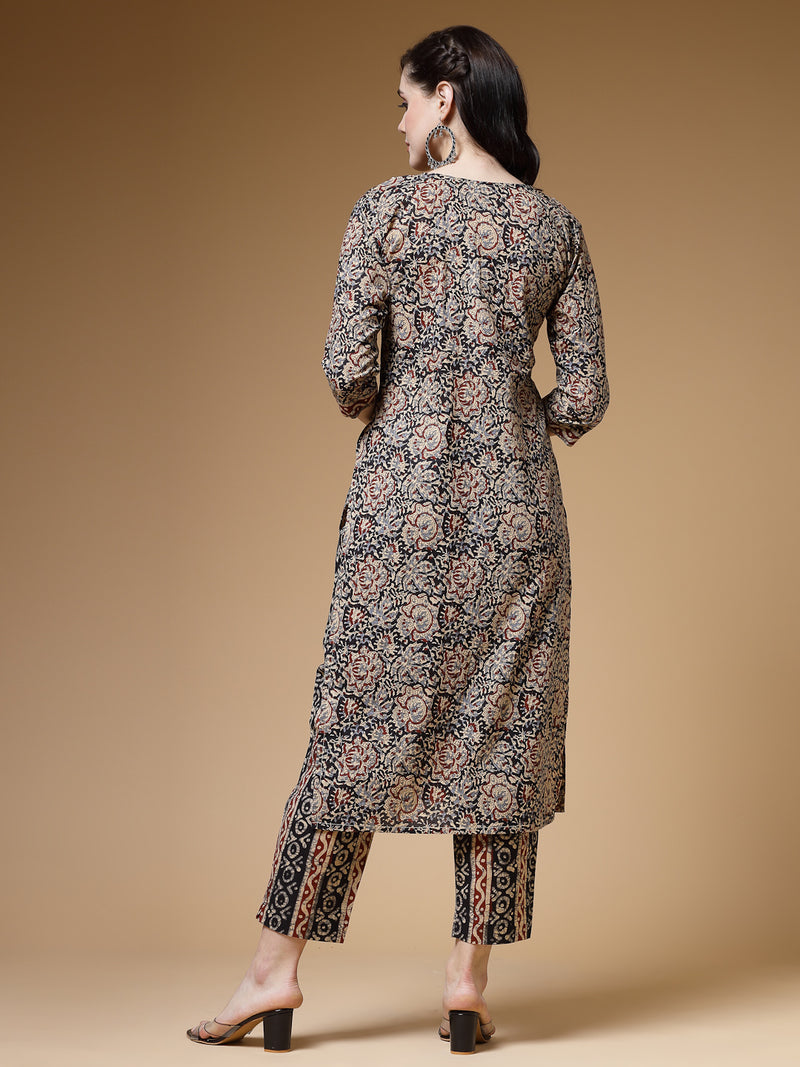 Indibelle Floral Print Cotton Straight Kurta (Black)