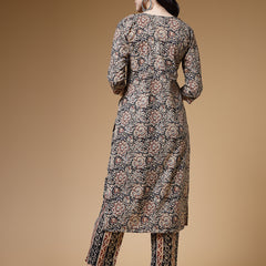 Indibelle Floral Print Cotton Straight Kurta (Black)