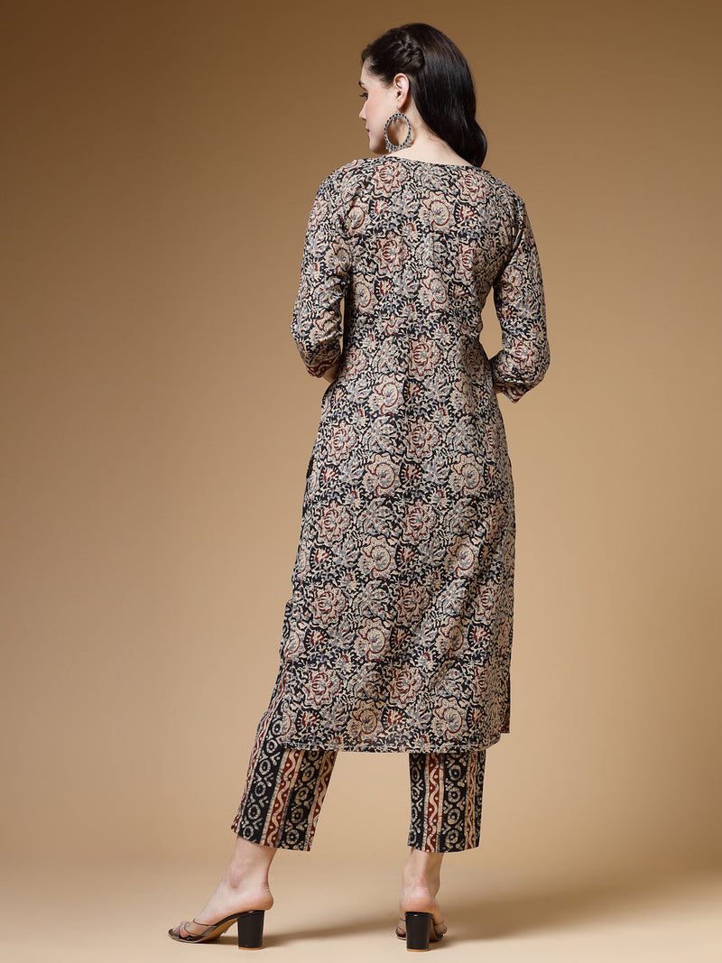 Indibelle Black Floral Print Cotton Straight Kurta Set