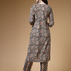 Indibelle Black Floral Print Cotton Straight Kurta Set