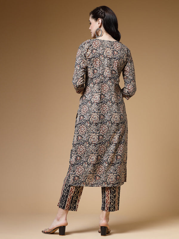 Indibelle Black Floral Print Cotton Straight Kurta Set