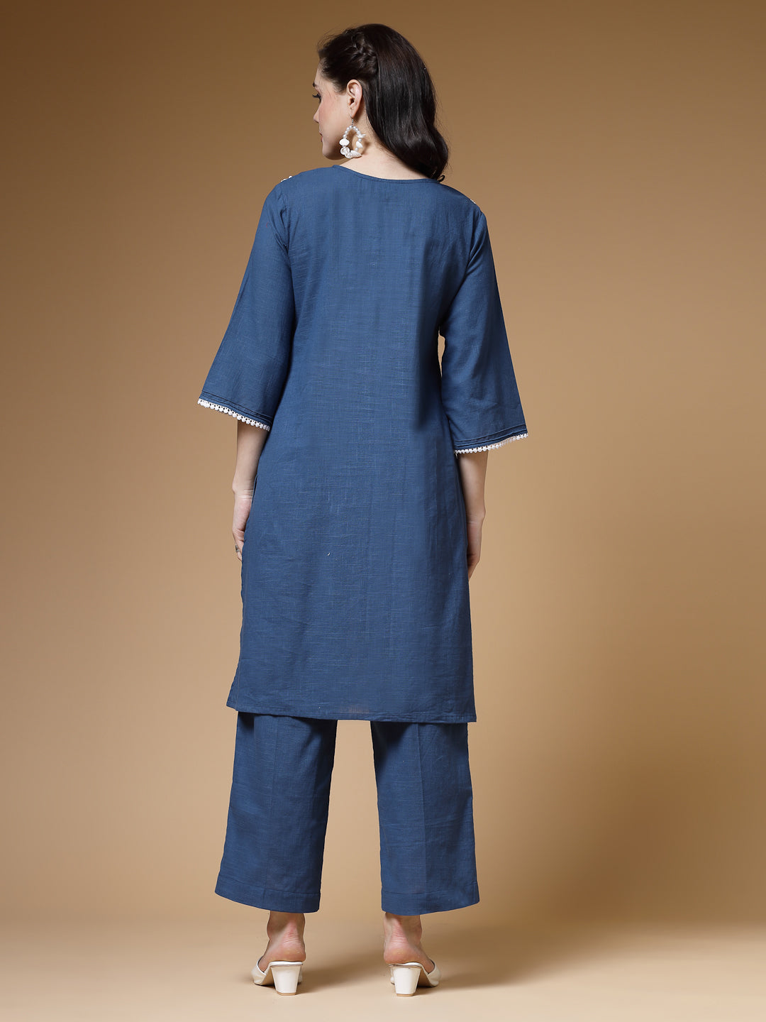 Indibelle Blue Solid Cotton Slub Lace Work A-Line Kurta