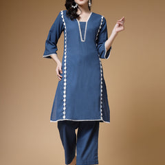 Indibelle Blue Solid Cotton Slub Lace Work A-Line Kurta