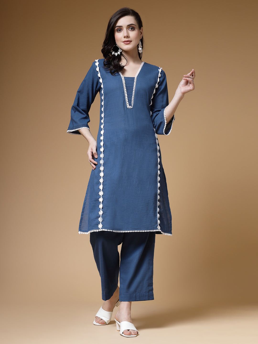 Indibelle Blue Solid Cotton Slub Lace Work A-Line Kurta