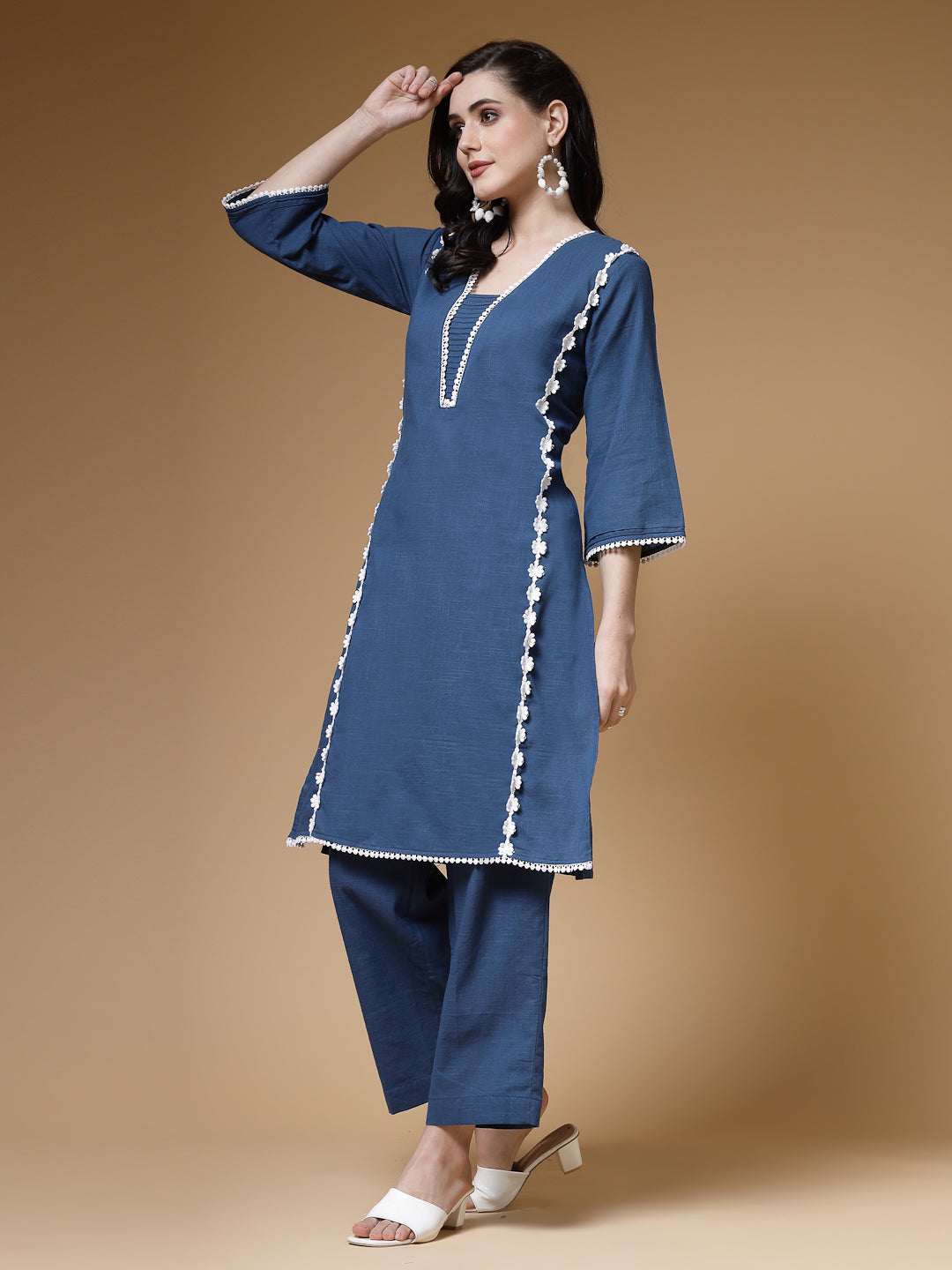 Indibelle Blue Solid Cotton Slub Lace Work A-Line Kurta