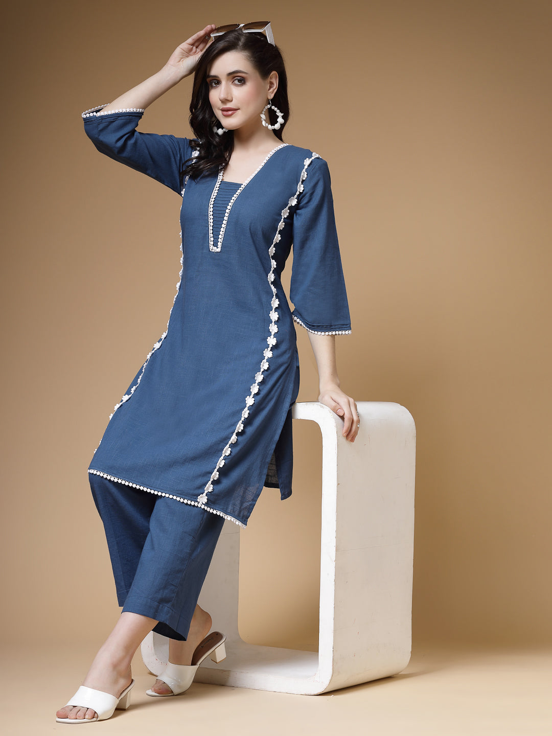 Indibelle Blue Solid Cotton Slub Lace Work A-Line Kurta