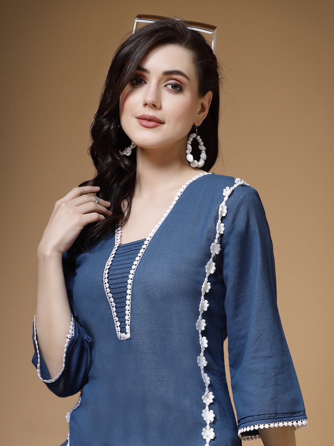 Indibelle Blue Solid Cotton Slub Lace Work A-Line Kurta