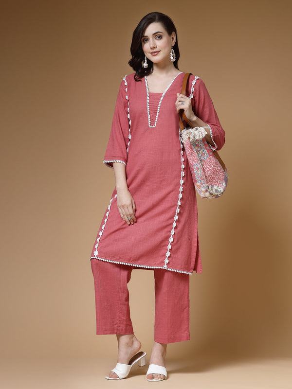 Indibelle Peach Solid Cotton Slub Lace Work A-Line Kurta