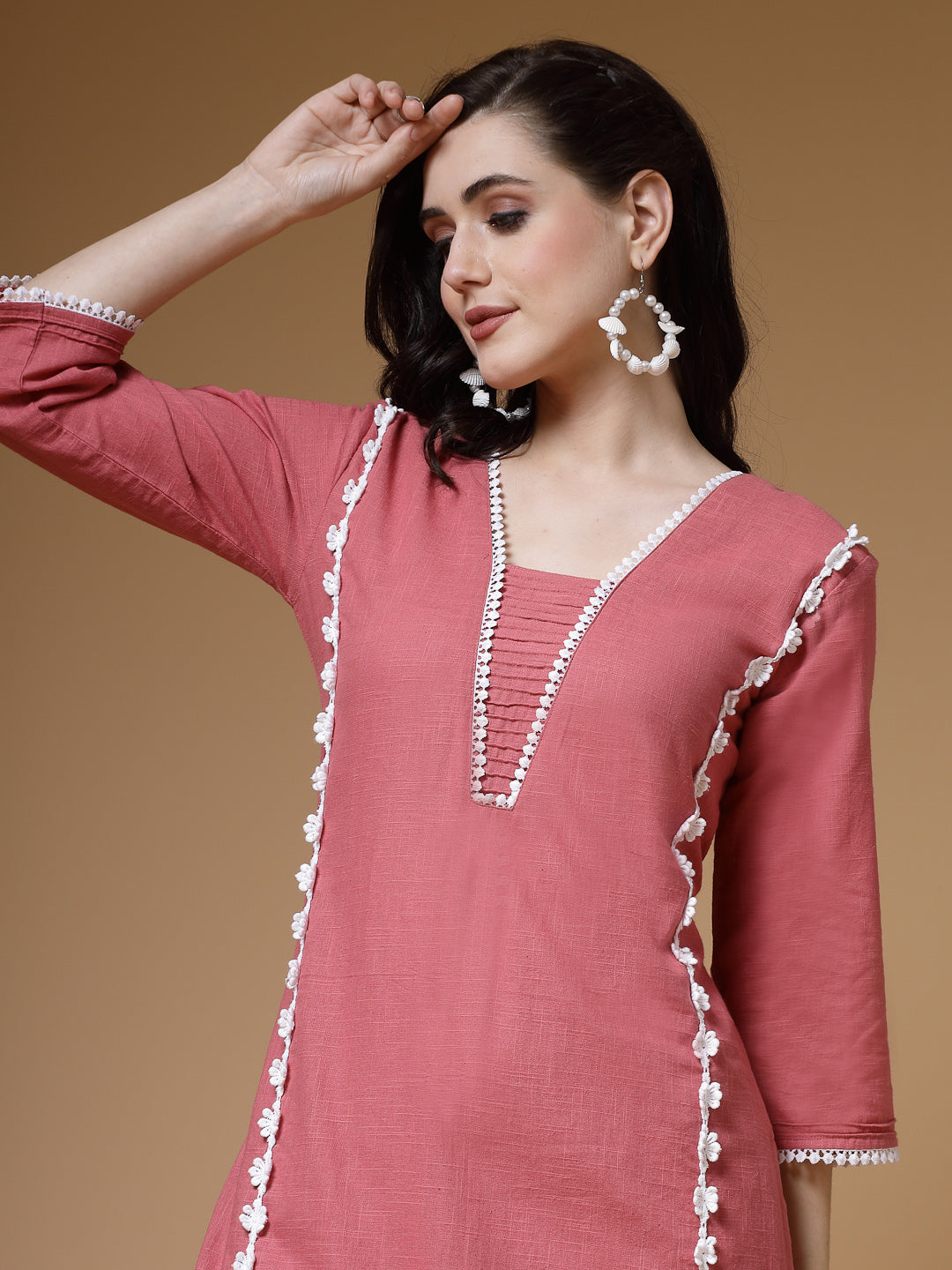 Indibelle Peach Solid Cotton Slub Lace Work A-Line Kurta