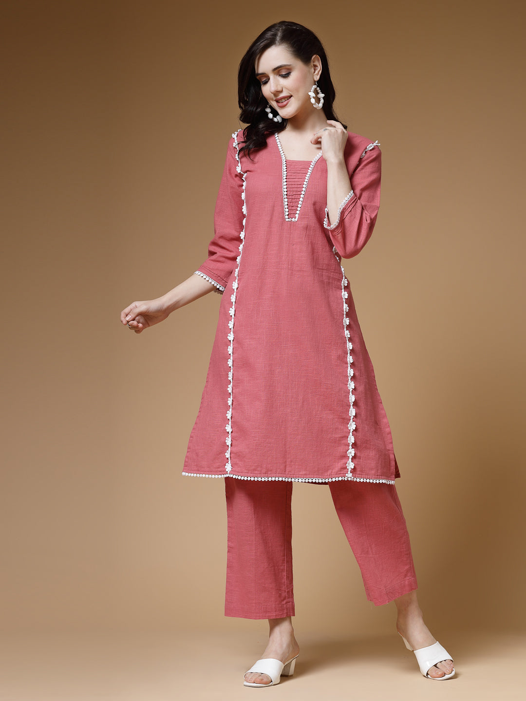 Indibelle Peach Solid Cotton Slub Lace Work A-Line Kurta