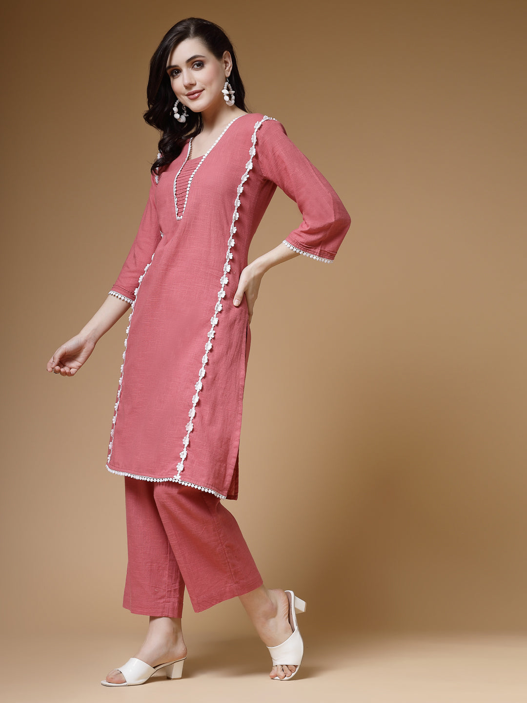 Indibelle Peach Solid Cotton Slub Lace Work A-Line Kurta