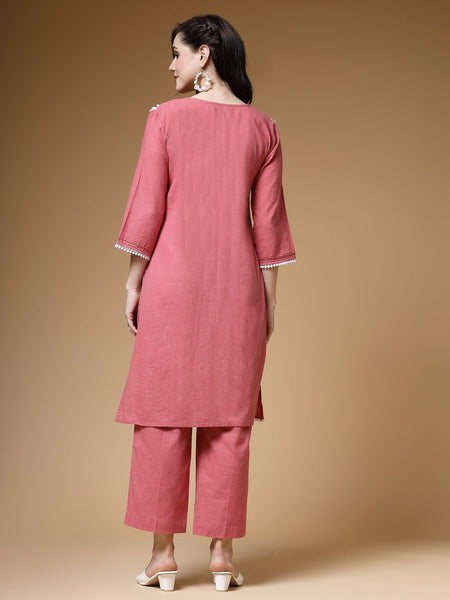 Indibelle Peach Solid Cotton Slub Lace Work A-Line Kurta