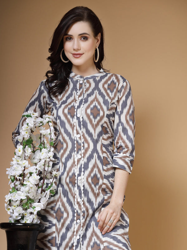 Indibelle Grey Ikat Print Cotton Prince Cut Straight Kurta