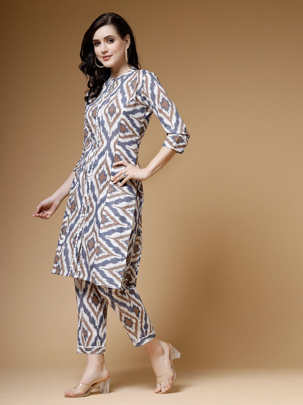 Indibelle Grey Ikat Print Cotton Prince Cut Straight Kurta