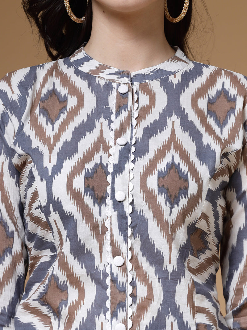 Indibelle Grey Ikat Print Cotton Prince Cut Straight Kurta