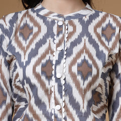 Indibelle Grey Ikat Print Cotton Prince Cut Straight Kurta