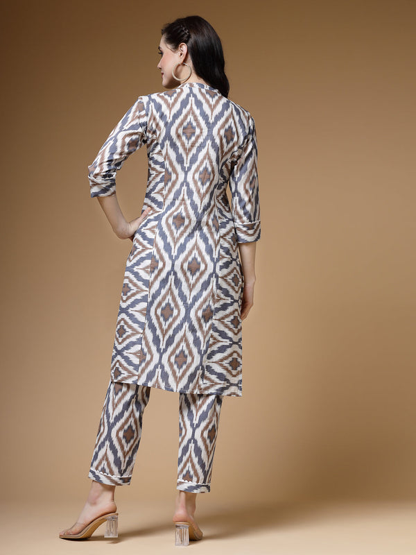 Indibelle Grey Ikat Print Cotton Prince Cut Straight Kurta