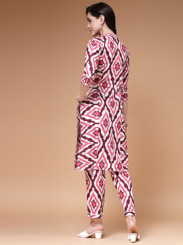Indibelle wine Ikat Print Cotton Prince Cut Straight Kurta