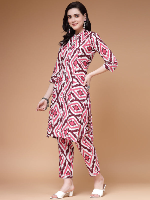 Indibelle wine Ikat Print Cotton Prince Cut Straight Kurta