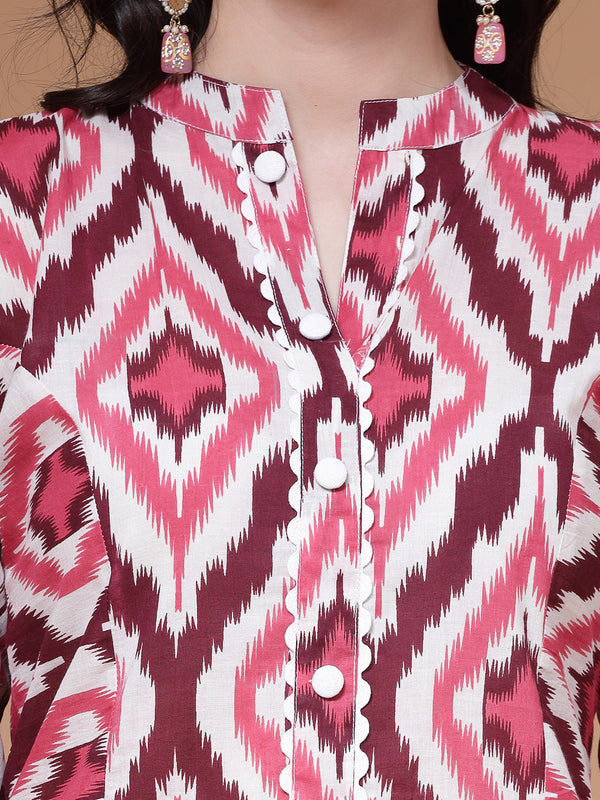 Indibelle wine Ikat Print Cotton Prince Cut Straight Kurta