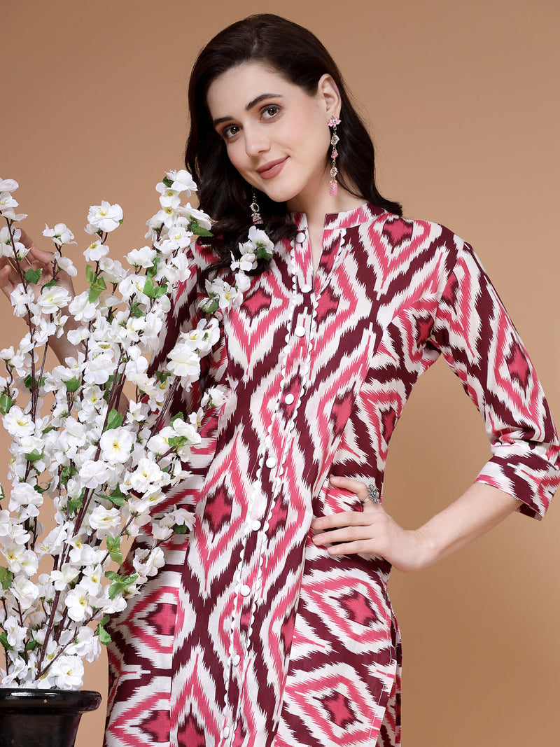 Indibelle wine Ikat Print Cotton Prince Cut Straight Kurta