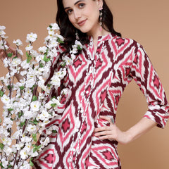 Indibelle wine Ikat Print Cotton Prince Cut Straight Kurta