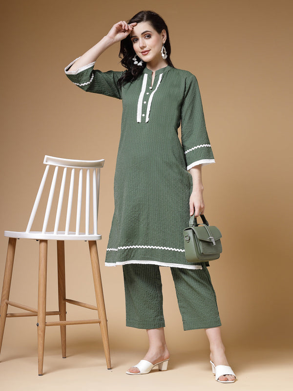 Indibelle Green Kantha Cotton A-Line Kurta