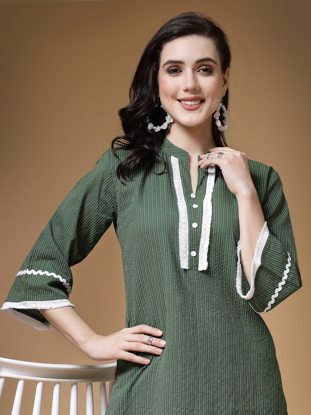 Indibelle Green Kantha Cotton A-Line Kurta