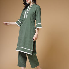 Indibelle Green Kantha Cotton A-Line Kurta