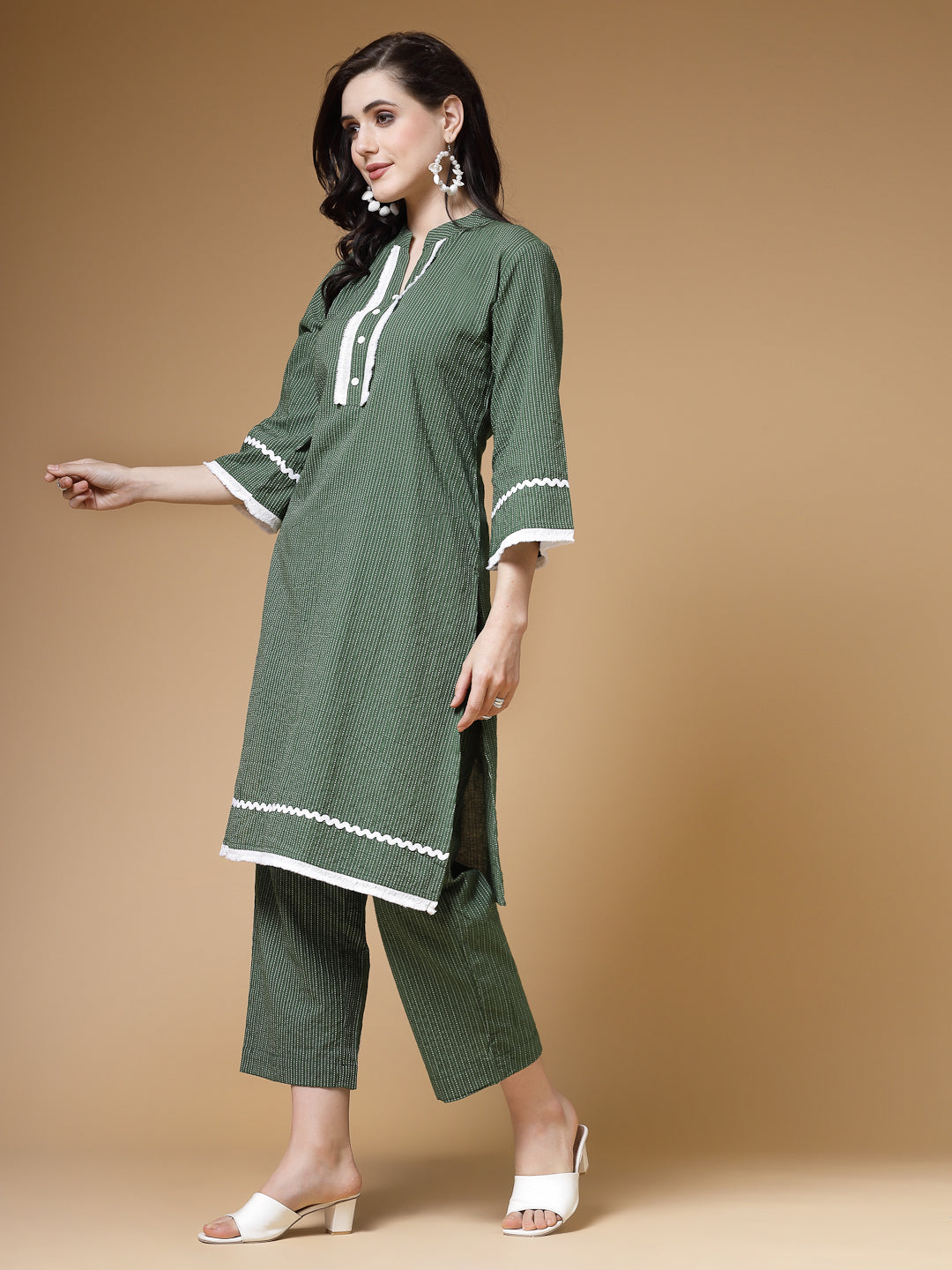 Indibelle Green Kantha Cotton A-Line Kurta