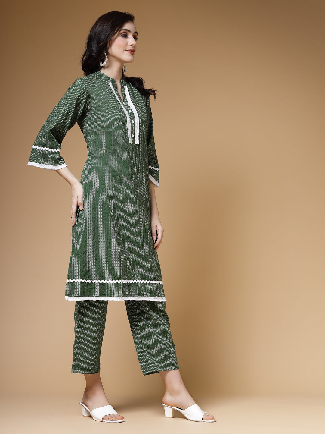 Indibelle Green Kantha Cotton A-Line Kurta