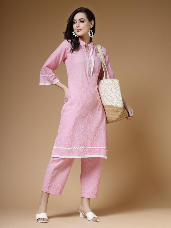 Indibelle Pink Kantha Cotton A-Line Kurta