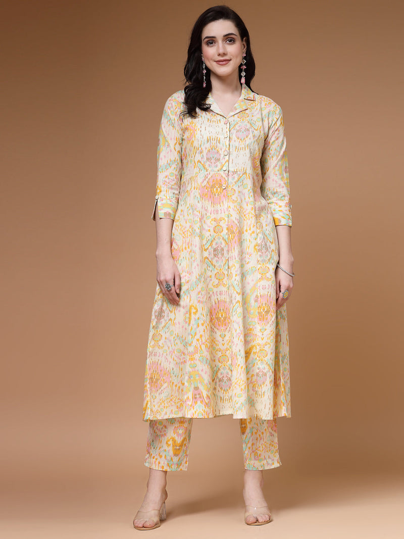 Indibelle Off White Cotton Abstract Print Kurta