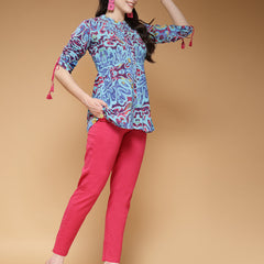 Indibelle Cotton Blue Abstract Print Co-ord Set