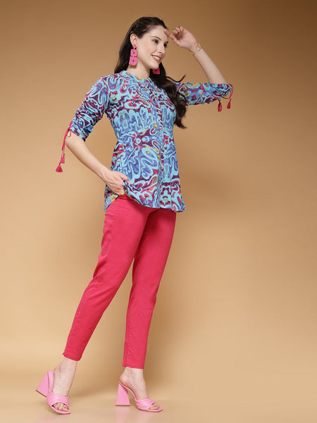 Indibelle Cotton Blue Abstract Print Co-ord Set