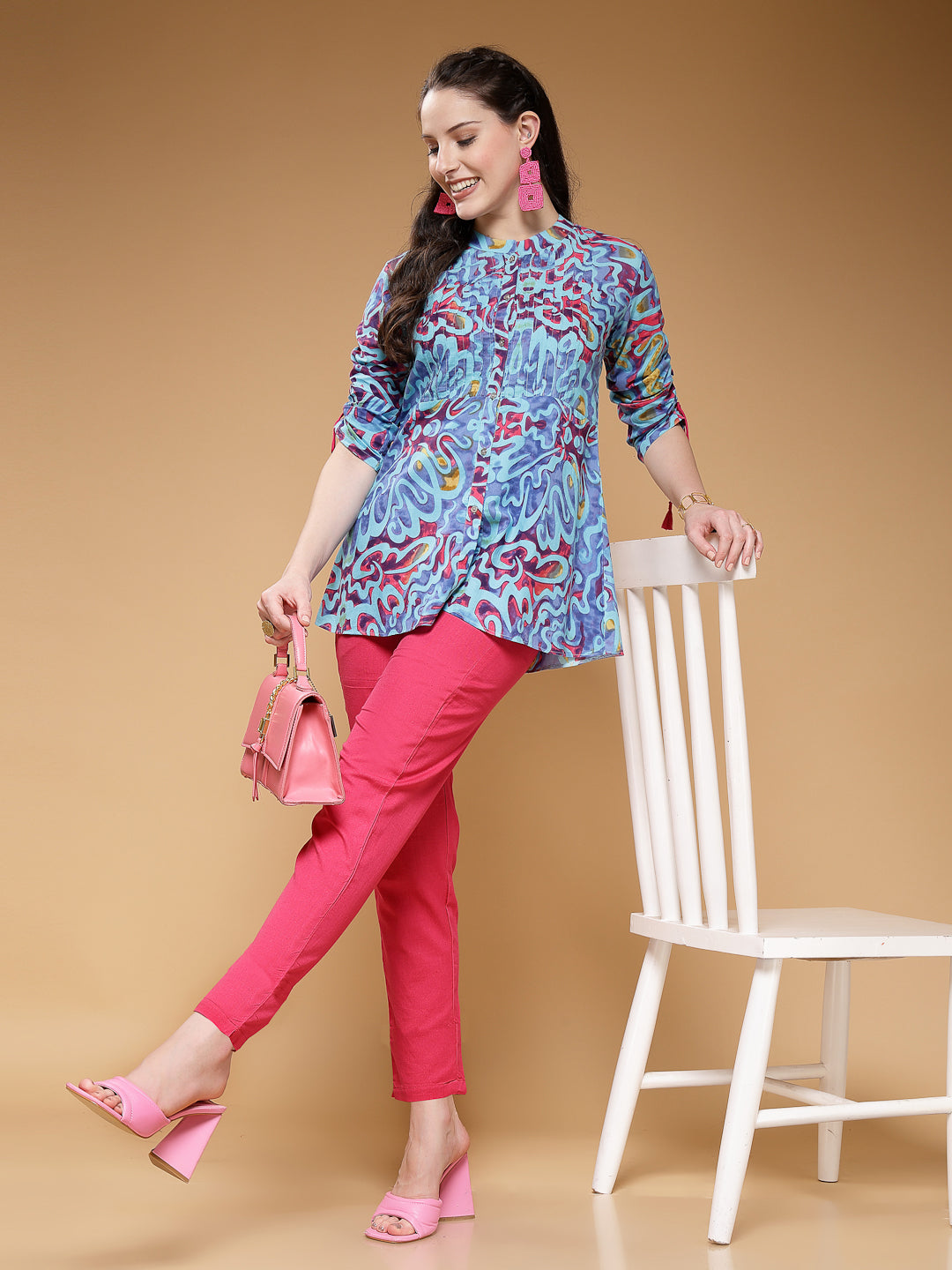 Indibelle Cotton Blue Abstract Print A-Line Kurti